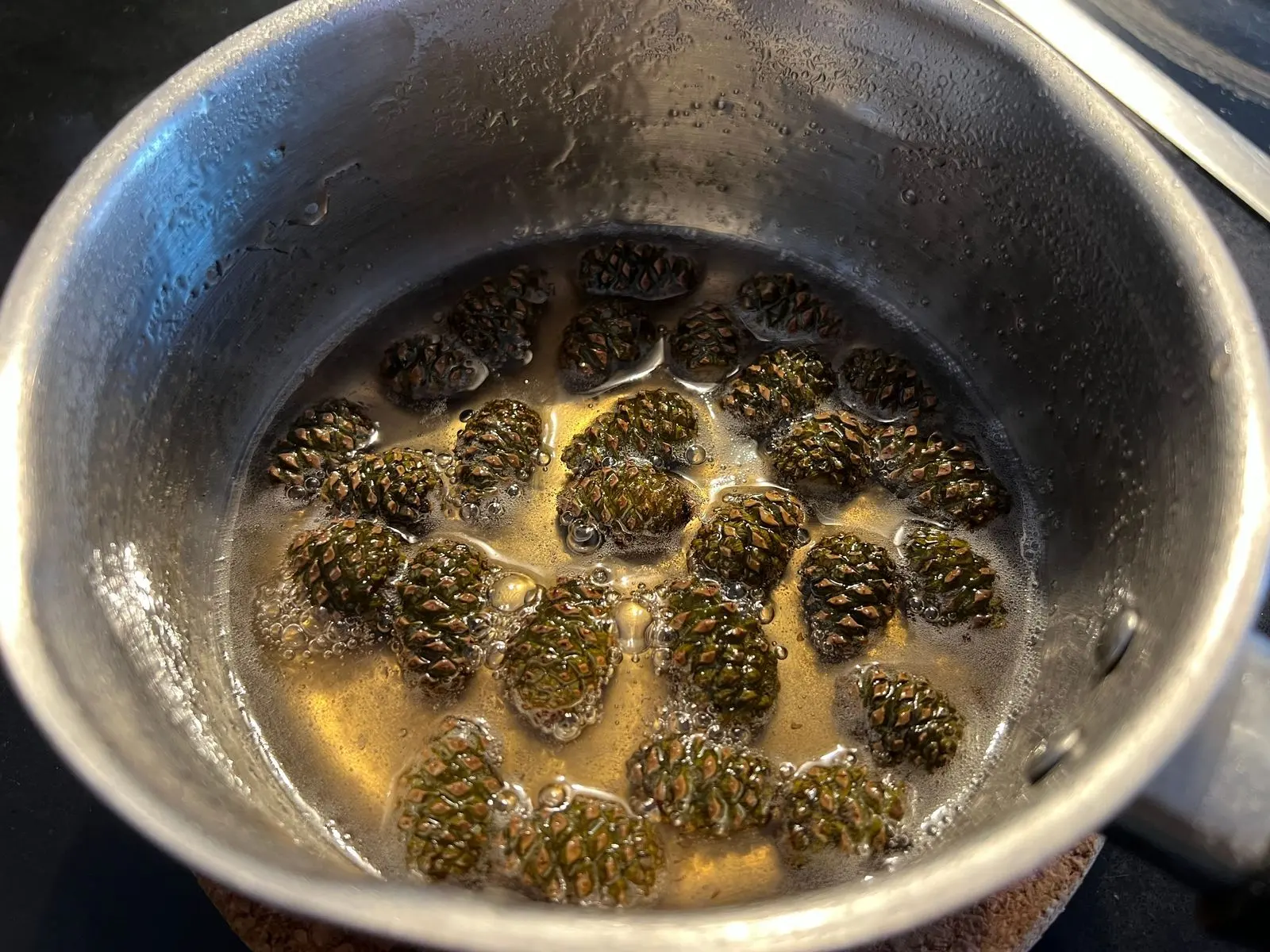 Pine cones simmering in syrup